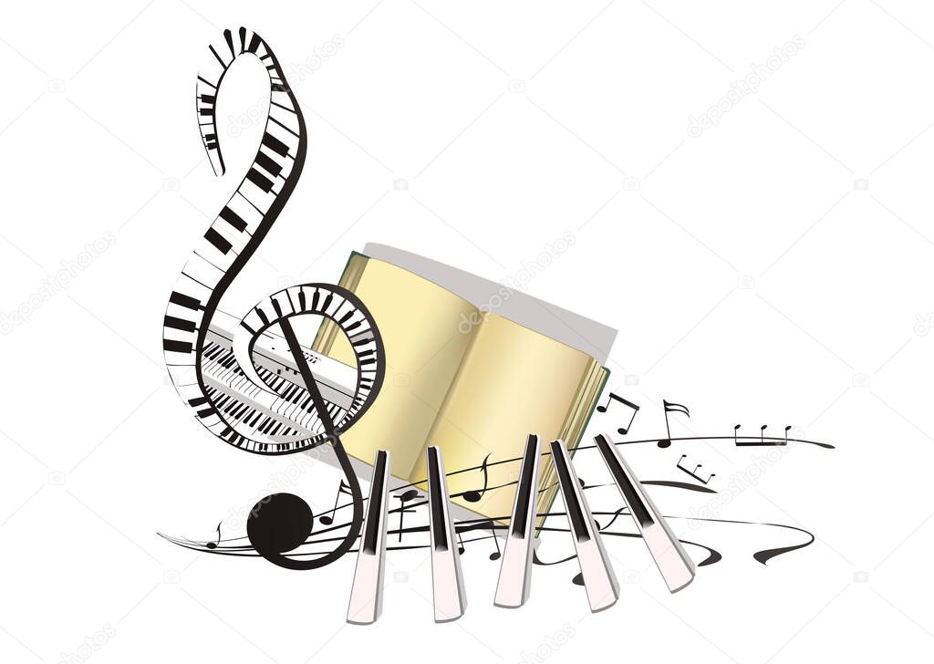 Abstract musical design with a treble clef and musical waves, piano notes. Hand drawn vector illustration.