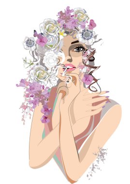 Güzel bir kızın yüzü, çiçekle süslenmiş kıvırcık saçlar ve çizgilerle süslenmiş kelebekler. Vektör illüstrasyonu.