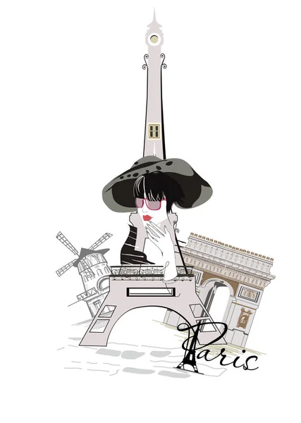 Design Mit Schriftzug Paris Und Eiffelturm Modemädchen Mit Hüten Architektonische — Stockvektor