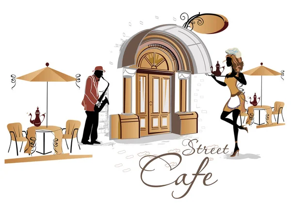 Serie Cafés Callejeros Con Gente Moda Hombres Mujeres Músicos Jazz — Vector de stock