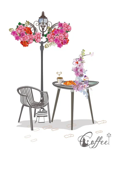 Silhouette Cafe Table Coffee Pot Arm Chair Decorated Flowers Hand — Stock Vector