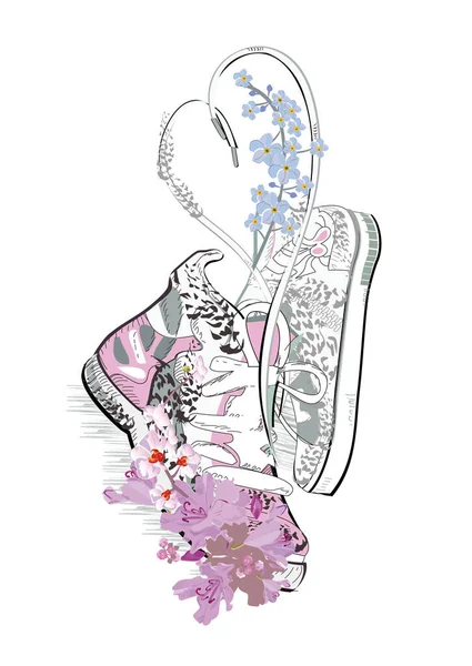 花と心の形でレースとスニーカーのペア Tシャツのデザイン 手描きベクトルイラスト — ストックベクタ