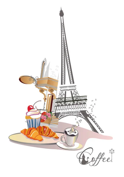 Ontwerp Met Eiffeltoren Een Kop Koffie Een Caf Entree Lantaarn — Stockvector