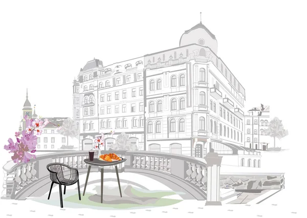 Serie Gatuvy Med Kaféer Paris Handritad Vektor Arkitektonisk Bakgrund Med Vektorgrafik