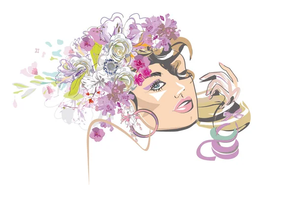 Beautiful Girl Face Curly Hair Decorated Flowers Butterflies Her Hands — Stok Vektör