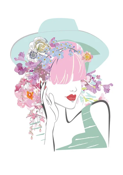 Beautiful Girl Face Curly Hair Decorated Flowers Butterflies Her Hands — 스톡 벡터