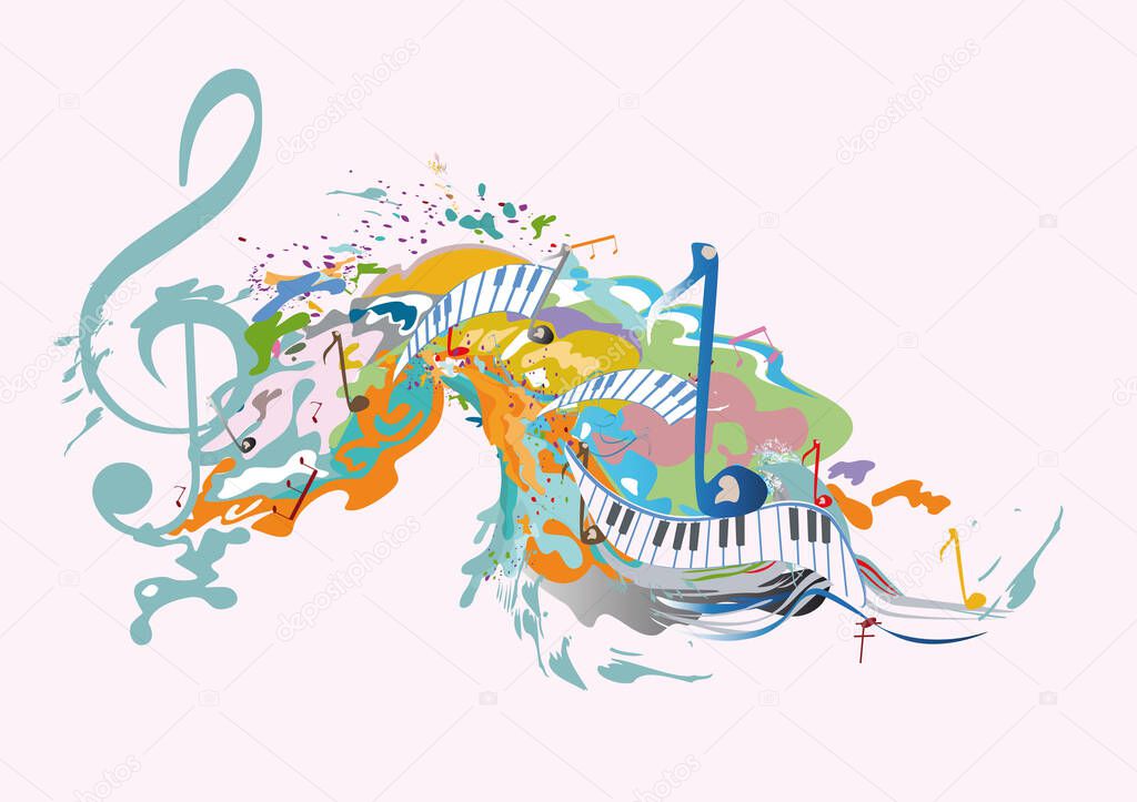 Abstract musical design with a treble clef and colorful splashes, notes and waves. Colorful treble clef. Hand drawn vector illustration.