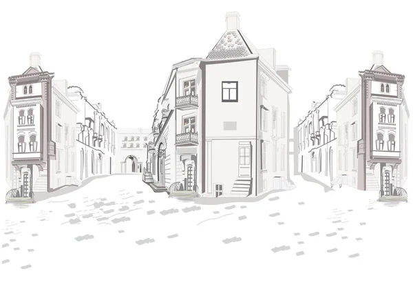 Serie Vistas Calle Ciudad Vieja Fondo Arquitectónico Vectorial Dibujado Mano — Vector de stock