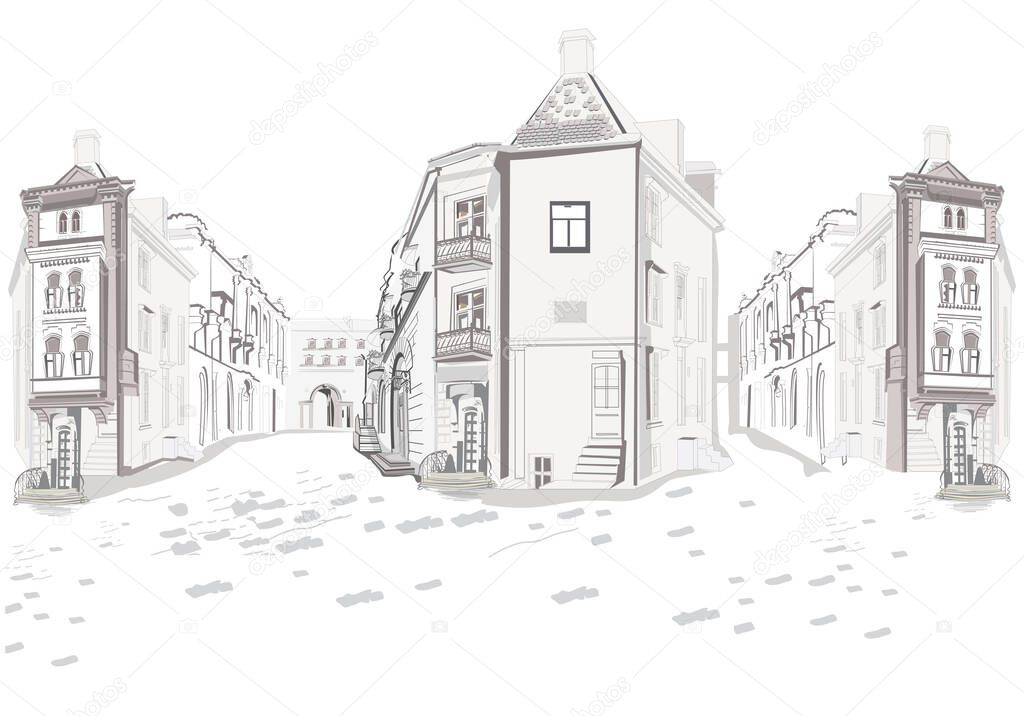 Series of street views in the old city. Hand drawn vector architectural background with historic buildings.