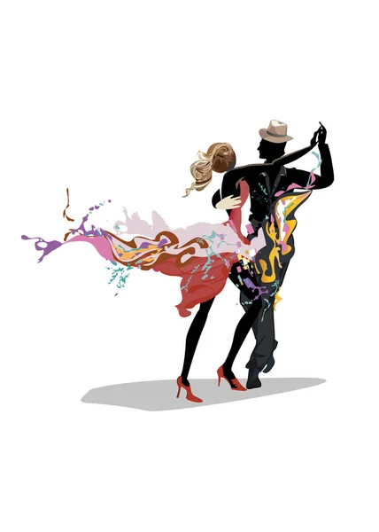 Abstract Dancing Couple Decorated Splashes Waves Notes Hand Drawn Vector — 图库矢量图片