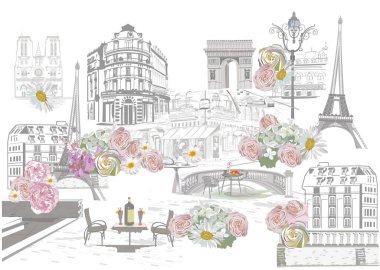 Paris 'te kafe ve çiçeklerle sokak manzarası serisi. Tarihi binalarla el çizimi vektör mimari arka plan.