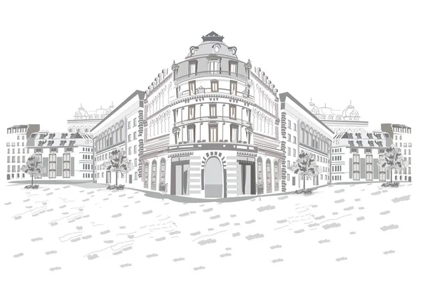一系列的背景装饰着鲜花 古老的城镇景色和街边咖啡馆 带有历史建筑的手绘矢量建筑背景 — 图库矢量图片