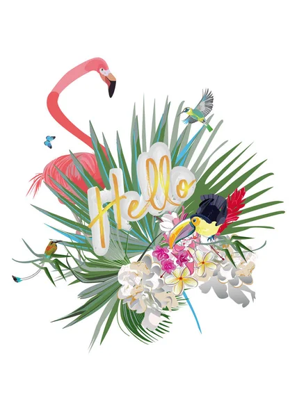 Series Floral Backgrounds Tropical Summer Spring Flowers Palm Leaves Animals — Image vectorielle