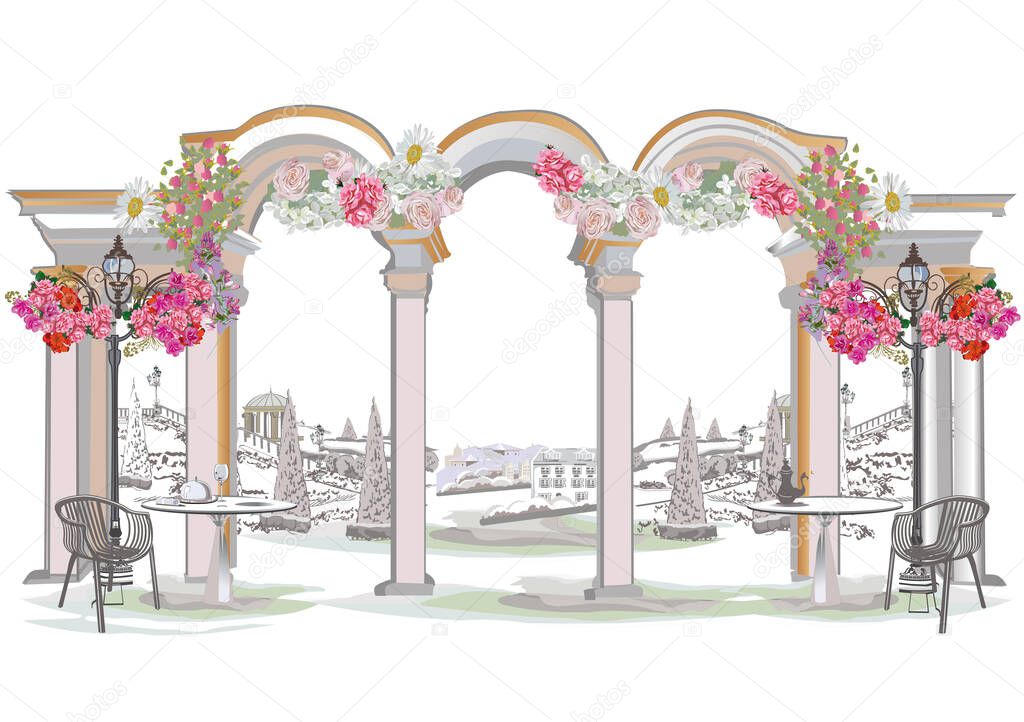 Beautiful view of an arch with a coffee table with cups and a coffee pot with a lantern and flowers in the park. Hand drawn vector illustration.