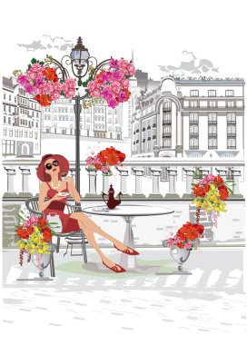 Lokantadaki moda insanları. Eski şehirdeki sokak kafesi. Kızlar retro pencerenin yanındaki masada kahve içiyorlar. El çizimi Vektör İllüstrasyonu. 