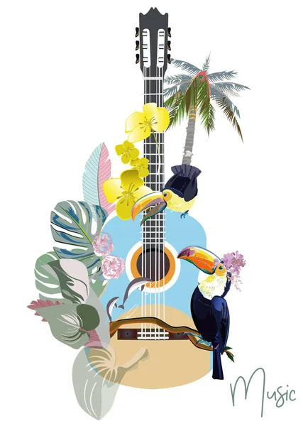 Guitarra Abstracta Decorada Con Flores Verano Primavera Hojas Palma Notas — Vector de stock