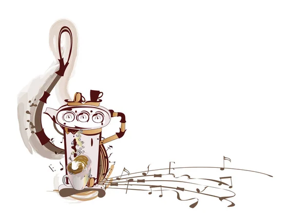 Kaffeemusik Abstrakter Notenschlüssel Mit Kaffeewelle Bohnen Und Einer Tasse Handgezeichnete — Stockvektor