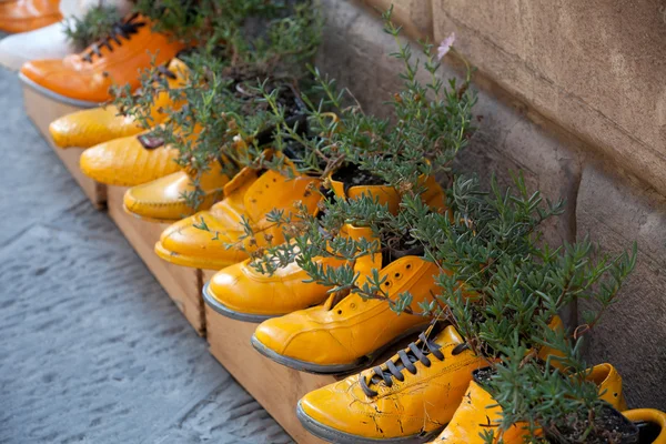 Vecchie scarpe lavorate su vasi da fiori — Foto Stock