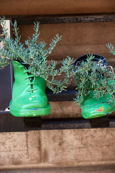 Vecchie scarpe lavorate su vasi da fiori — Foto Stock