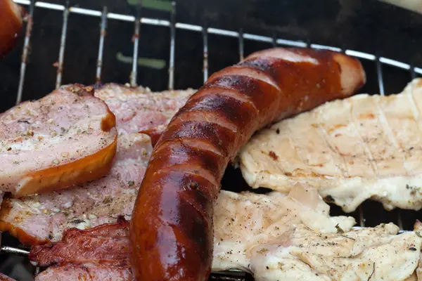 Grill med utsökt grillat kött på grill — Stockfoto