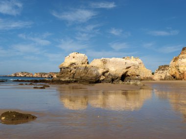 Algarve bölgesindeki huzurlu Praia de Rocha sahilinin bir bölümü..