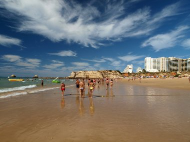Algarve bölgesindeki huzurlu Praia de Rocha sahilinin bir bölümü..
