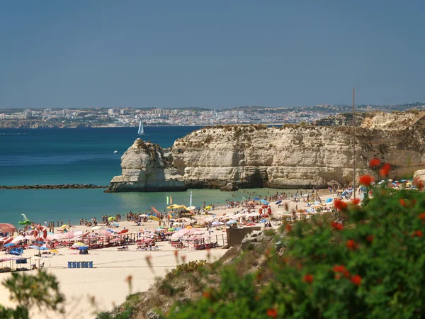 Algarve bölgesindeki huzurlu Praia de Rocha sahilinin bir bölümü..