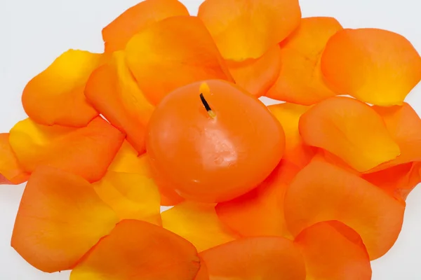 Пролить лепестки апельсиновой розы вокруг ароматной свечи — стоковое фото
