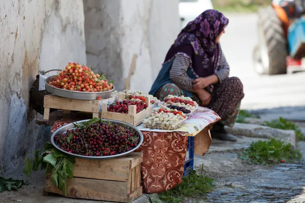 De vrouw die zich bezighouden met vers fruit op de straat stal — Stockfoto