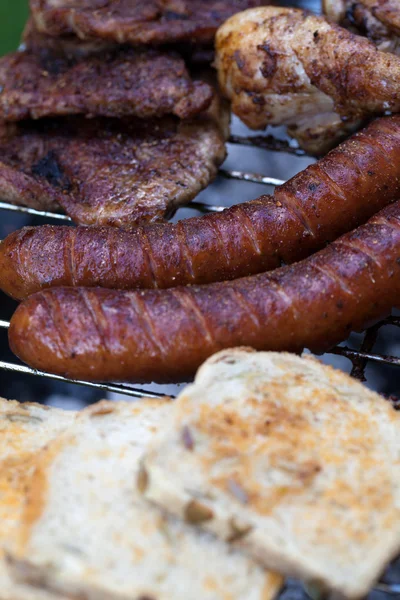 Grill z pysznym grillowanym mięsem na grillu — Zdjęcie stockowe