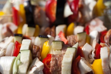 ızgara tavuk ve renkli sebze shashliks