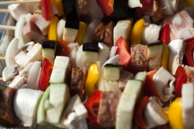 ızgara tavuk ve renkli sebze shashliks