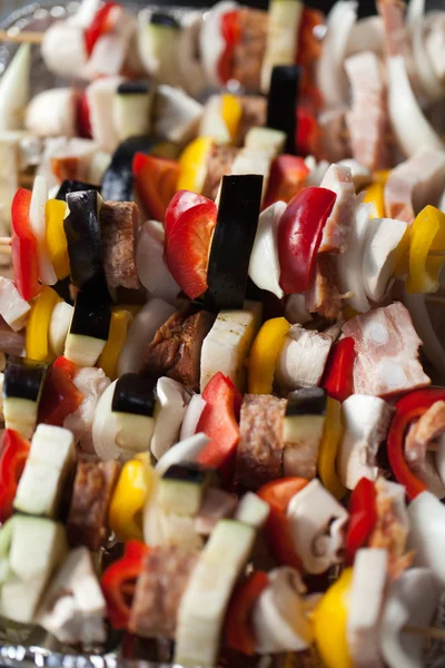 Grilled chicken and colorful vegetable shashliks — Stock Photo, Image