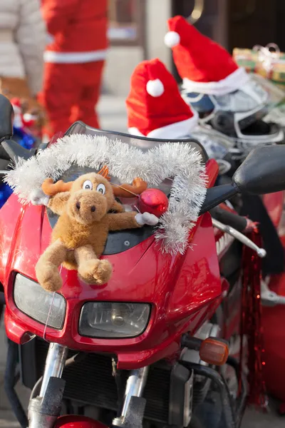 The parade of Santa Clauses on motorcycles around the Main Market Square in Cracow — Stock Photo, Image