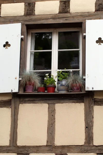Białe okna z okiennicami i doniczki — Zdjęcie stockowe