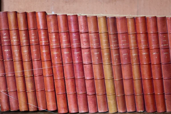 Vintage books in different shades of red and brown in bookcase — Stock Photo, Image
