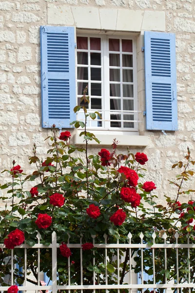 A janela romântica com rosas vermelhas — Fotografia de Stock