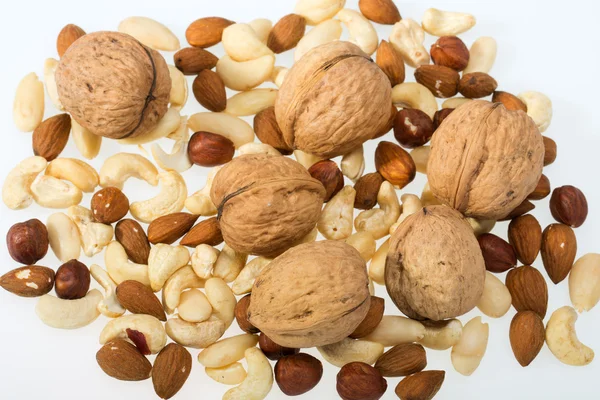 Mixed nuts  -  hazelnuts, walnuts, cashews,  pine nuts isolated on white background — Stock Photo, Image