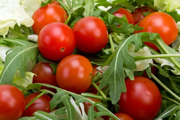 Heap of ruccola leaves and cherry tomatoes — Stock Photo, Image