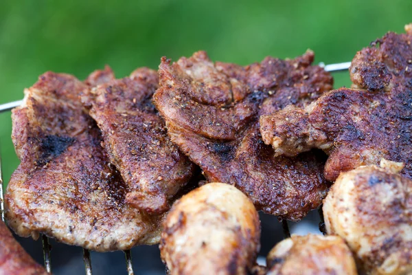 Churrasco com deliciosa carne grelhada na grelha — Fotografia de Stock
