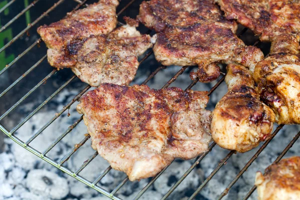 Churrasco com deliciosa carne grelhada na grelha — Fotografia de Stock