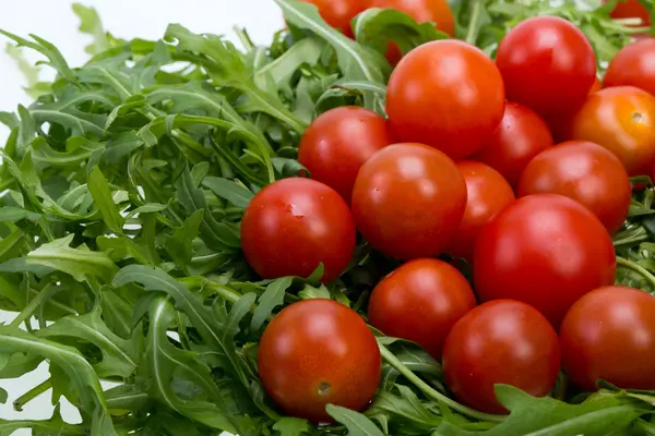 Heap of ruccola leaves and cherry tomatoes — Stock Photo, Image