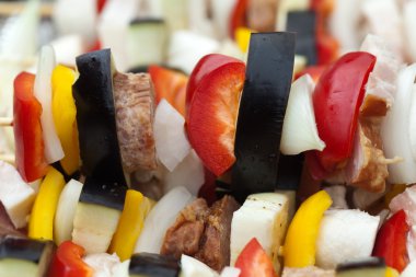 ızgara tavuk ve renkli sebze shashliks