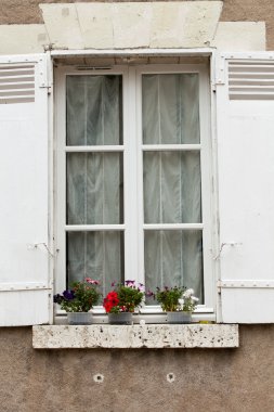 Beyaz pencere panjur ve saksıyı ile