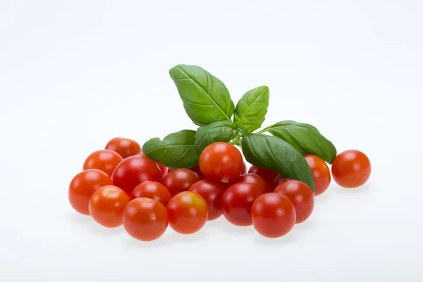 Fresh cherry tomatoes with basil, on white background — Stock Photo, Image