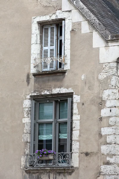 Two windows with shutters and flower pot — Stock Photo, Image