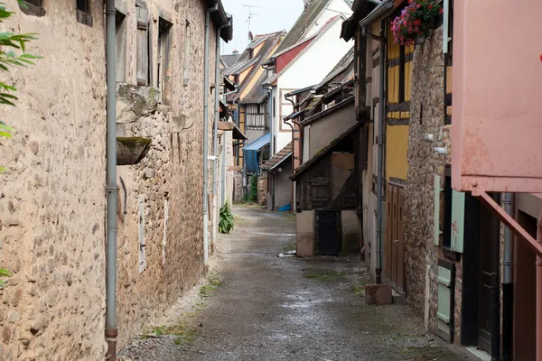 Οδός με ημι-ξύλινα μεσαιωνικά σπίτια στο χωριό Eguisheim κατά μήκος της διάσημης διαδρομής κρασιού στην Αλσατία, Γαλλία — Φωτογραφία Αρχείου