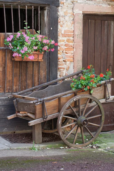 Strada con case medievali a graticcio nel villaggio di Eguisheim lungo la famosa strada del vino in Alsazia, Francia — Foto Stock