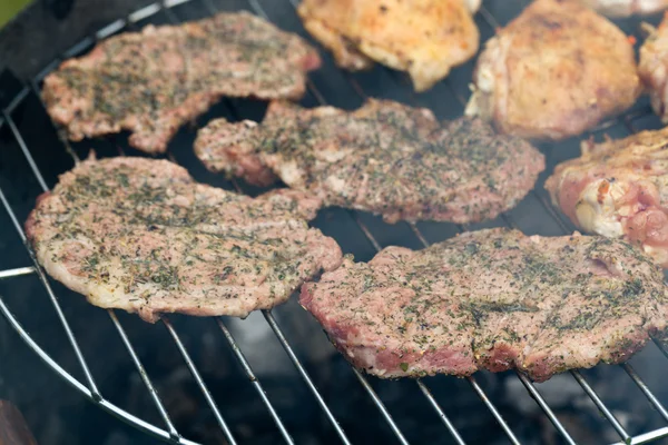 Grilování s lahodným grilovaným masem na grilu — Stock fotografie