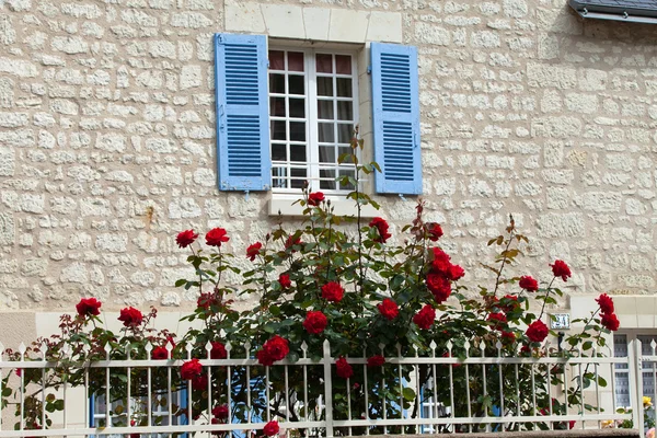 Романтическое окно с красными розами — стоковое фото